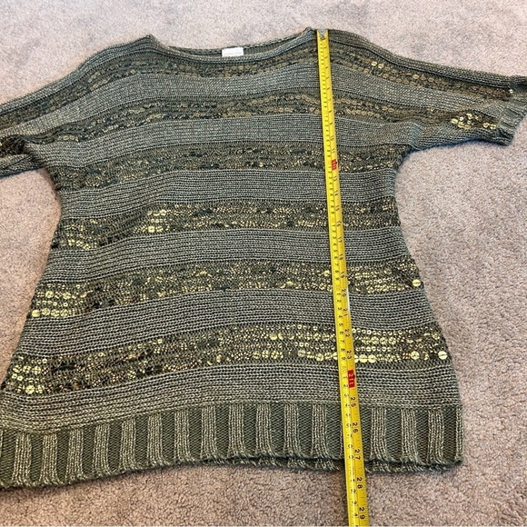 Chico’s olive green gold metallic sequin striped short sleeve knit sweater L - Picture 13 of 16